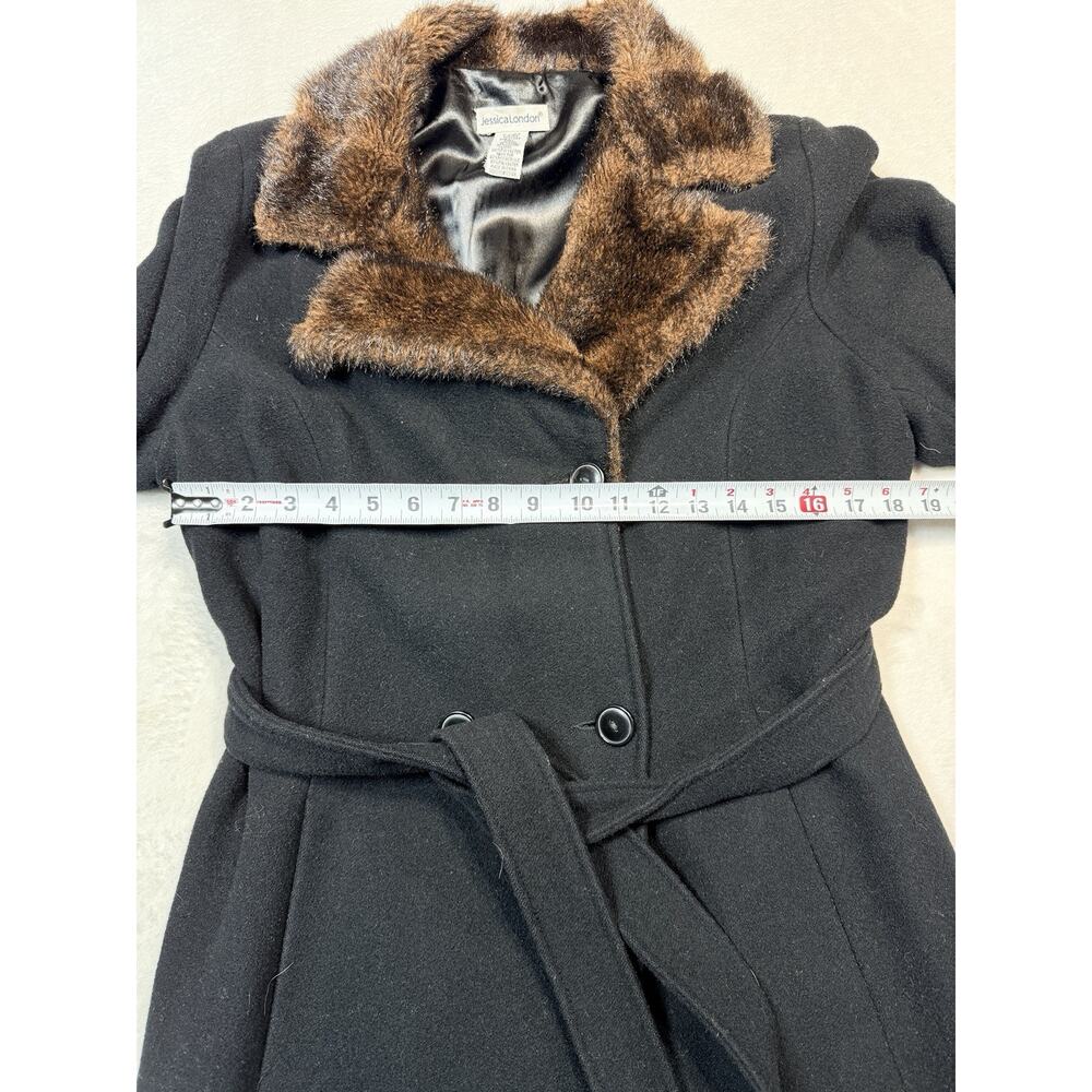 Jessica London Vintage Wool Blend Coat Faux Fur Collar Cuffs Belted Black Medium - Picture 5 of 12